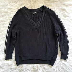 Express black v-neck white stripe sleeve knit sweater